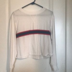 SO white long sleeve cropped top w/red and blue stripes. Size S. Relaxed fit.